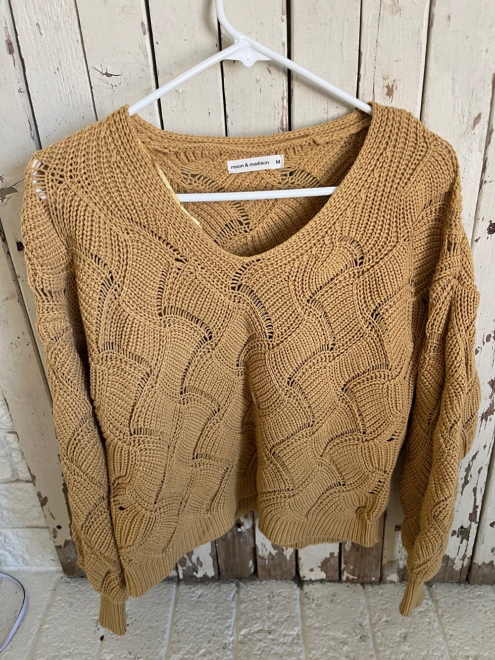 moon & madison V-Neck Open Knit Sweater in Camel/Tan